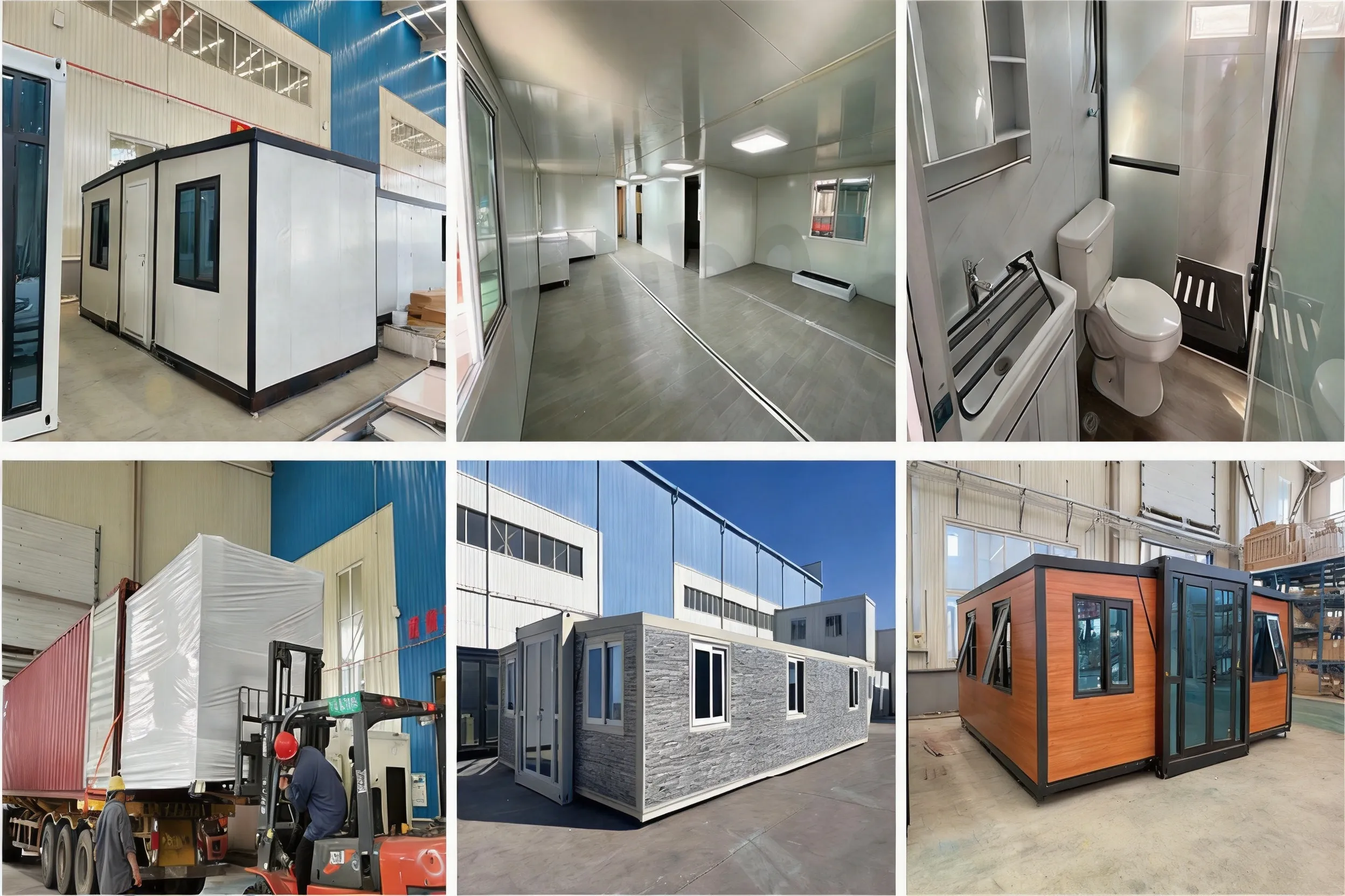 Real shipments — modular units on the factory floor, loaded on truck, finished homes ready for delivery